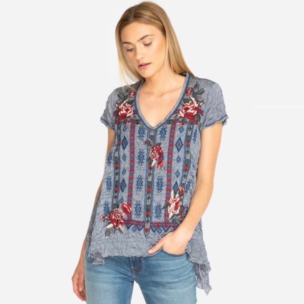 Johnny Was Rae Drape Embroidered Chambray Floral Tunic Top size Small